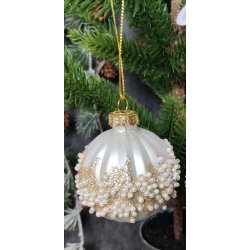 Julekugle/glaskugle til ophng, hvid og lys slv m. riller og perler ass.